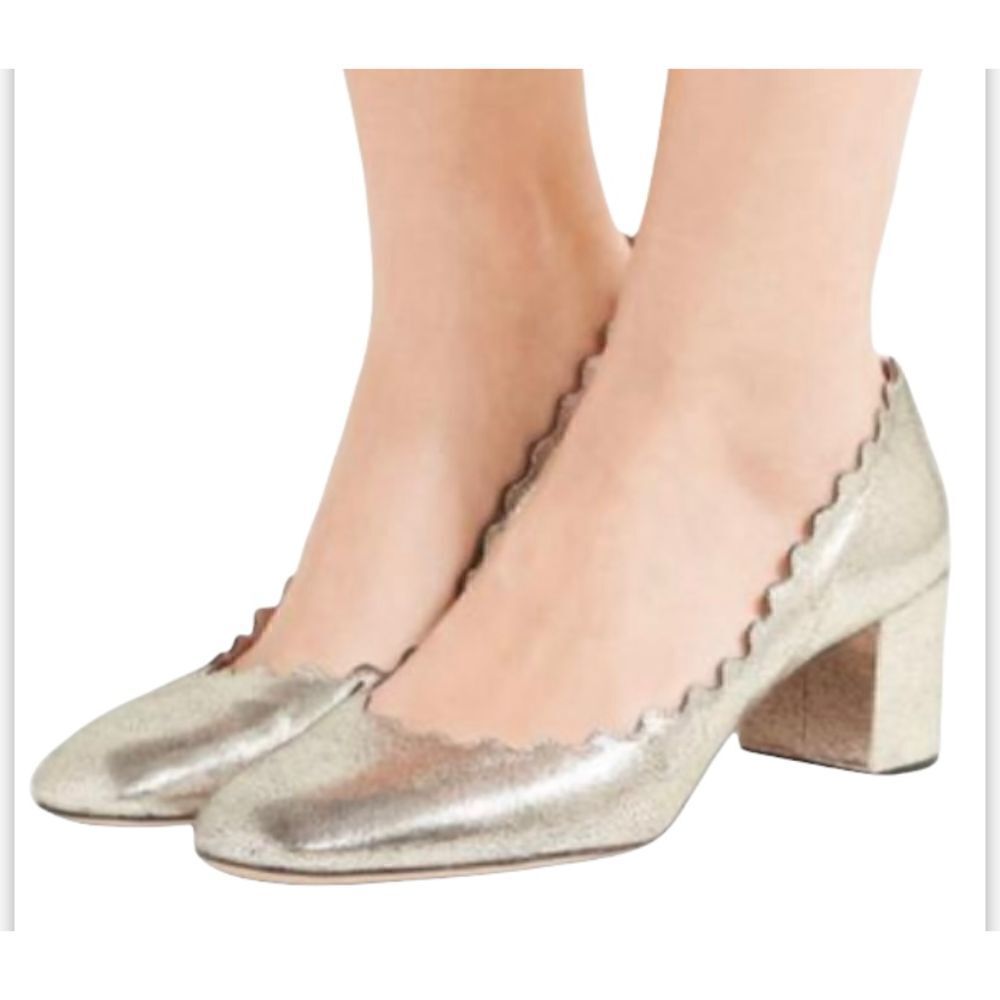 Chloe Glittery Metallic Gold Scalloped Leather Block Heel Size 7.5 New